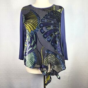 Chico's Velvet Burnout Butterfly Print Tie Front Lagenlook Blouse Size 2 Large